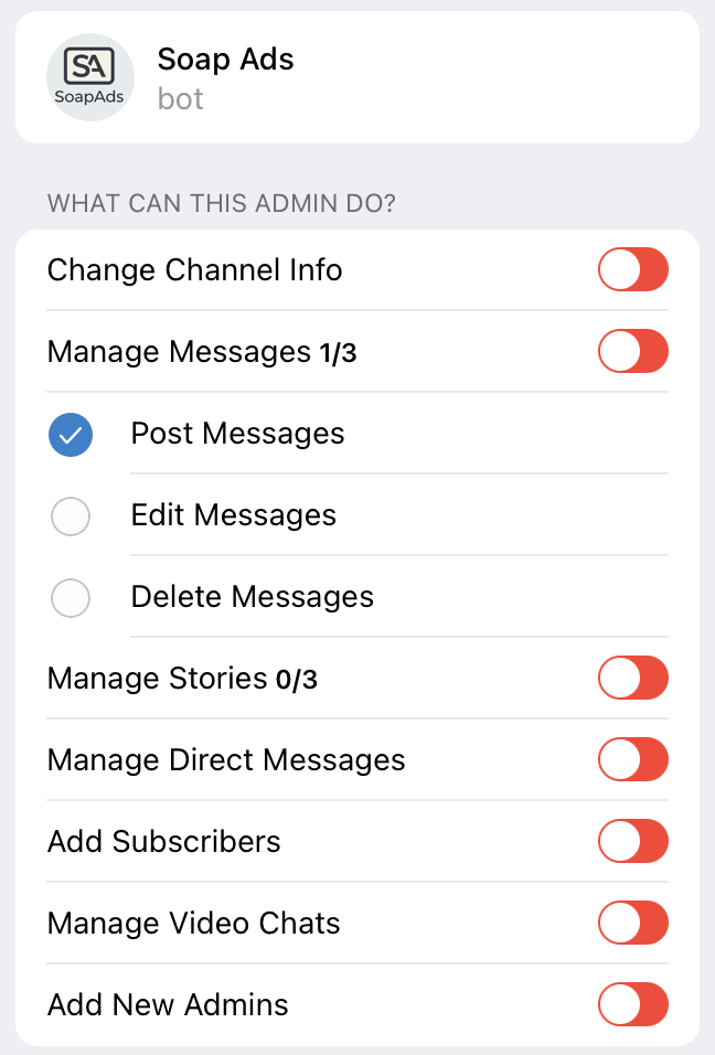 Настройки прав бота SoapAds